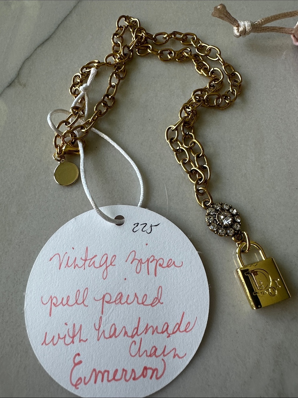 Gold Dior Padlock Necklace with Crystal Accent - Upcycled